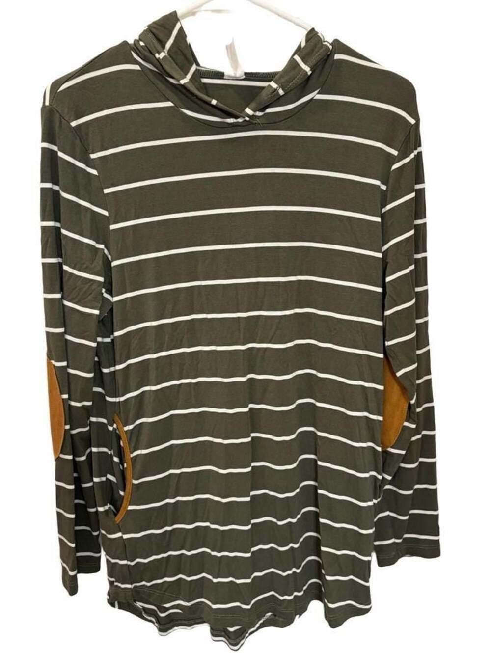 Sunshine & Rodeos Women’s Olive Striped Hooded Tunic Suede Elbow Patch